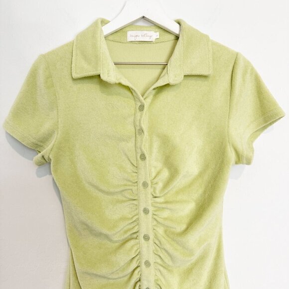 Beige Botany Terrycloth Collared Button Front Ruched Bodycon Mini Dress Large - Picture 3 of 8